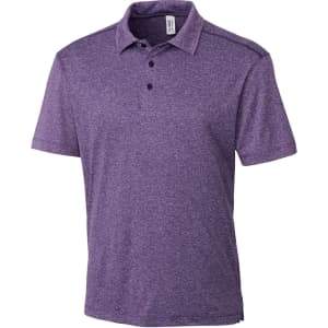A purple polo shirt with a collar, featuring a logo on the chest and three buttons at the placket.