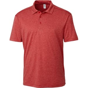 A red men's polo shirt with a classic collar and short sleeves, featuring a logo on the chest.