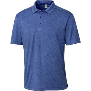 A navy blue active polo shirt with a collar and three buttons, featuring branding.