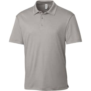 A grey men's polo shirt featuring a classic collar and a three-button placket, with a logo on the side.