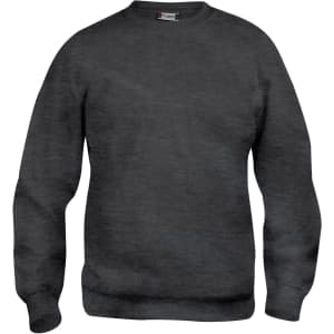 A grey crewneck sweatshirt with ribbed cuffs and hem, featuring a logo on the inside label.