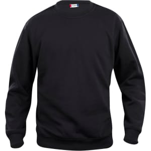 A black crewneck sweatshirt featuring a ribbed collar and cuffs. It has a logo on the neck area.