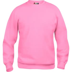 A bright pink crewneck sweatshirt with long sleeves and a plain design, featuring a logo on the neck area.