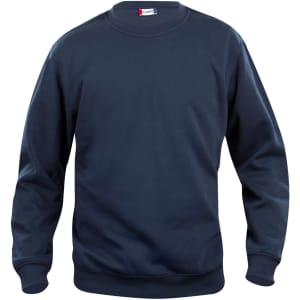 A navy Stockholm crewneck sweatshirt featuring long sleeves and a standard fit. It has a logo on the label.