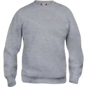 A grey crewneck sweatshirt featuring long sleeves and a ribbed hem, with a branding logo on the collar.