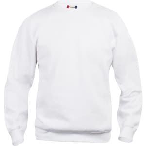 A white crewneck sweatshirt featuring long sleeves and a simple design, including a logo on the neckline.