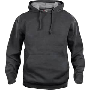 A dark grey hoodie with a front pocket and a drawstring hood. The hoodie features a logo.