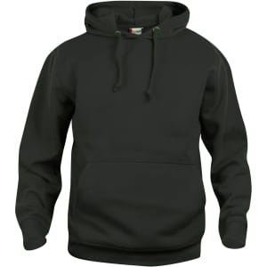 A dark green hoodie with a front pocket and adjustable drawstrings. It features a logo on the label.