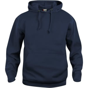 A navy blue hoodie with a front pocket and drawstring hood. It features a logo on the front.