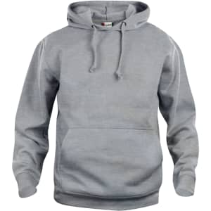 A grey hoodie with a front pocket and drawstring hood, featuring a logo on the front.