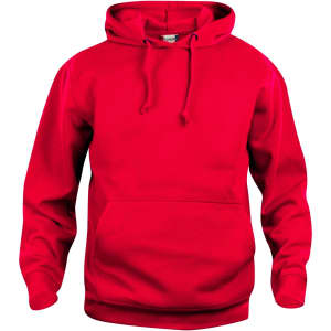 A red hoodie featuring a front pocket and a drawstring hood, with a logo on the front.
