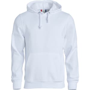 A white hoodie with a front pocket, drawstring hood, and a logo on the label.