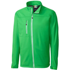 A green softshell jacket with a zippered pocket and contrasting detailing. Features a logo on the chest area.