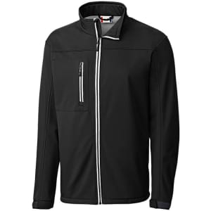 A black softshell jacket featuring a zippered front, pockets, and a collar. It has a logo on the chest.