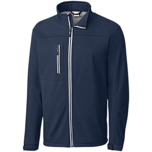 A navy softshell jacket with a full zip front, a chest pocket, and a logo. Ideal for casual wear.
