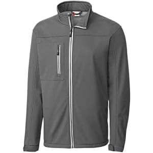 A men's softshell jacket in grey with a zippered chest pocket and a logo. Features a stand-up collar and full zip.