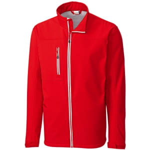 A red softshell jacket with a high collar and zippered pockets, featuring a logo on the breast.