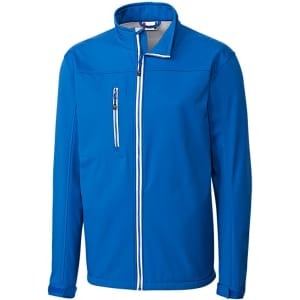 A blue Men's Clique Telemark softshell jacket featuring a zippered pocket and a high collar. It includes branding details.