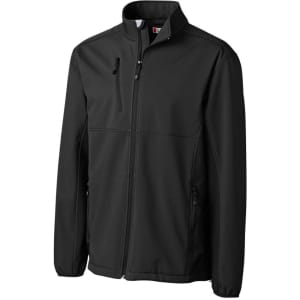 A black softshell jacket with a collar, featuring zippered pockets and a logo.