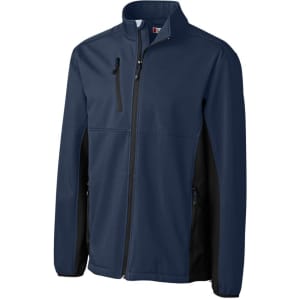 Men's softshell jacket in navy blue with black accents, featuring a zippered front and multiple pockets.