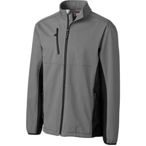 A softshell jacket in grey with black sections, featuring zip pockets and a collar. Logo visible.