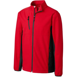 A red and black softshell jacket featuring multiple zippered pockets and a high collar, with a logo present.