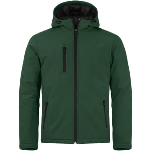 A green men's softshell jacket with a hood, featuring zippered pockets and a black lining.
