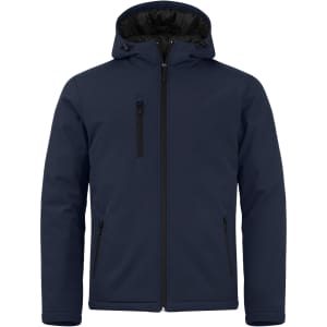 A navy blue men's softshell jacket with a hood, featuring zippered pockets and a logo.