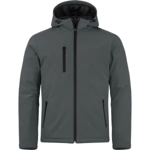 A men's softshell jacket in a muted green colour, featuring a hood and zippered pockets. It has a logo on it.