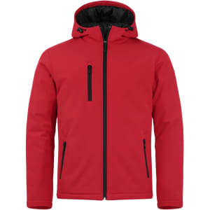 A red men's softshell jacket featuring a hood and multiple zippered pockets. It has a logo on the front.