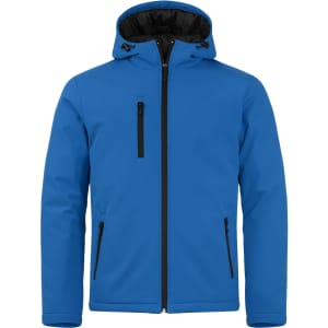 A blue men's softshell jacket featuring a hood and zippered pockets, with a logo on the front.