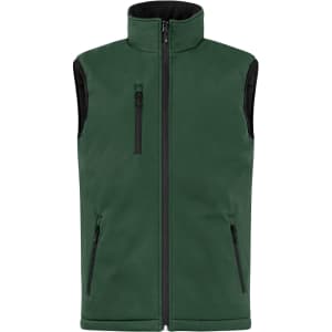 A green men's softshell vest with a zip front and two side pockets, featuring a black interior.