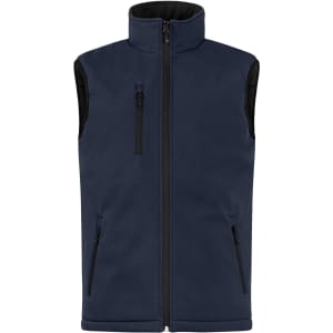 A navy blue men's softshell vest with a zippered front and two zippered side pockets. The vest has a logo.