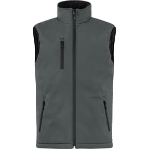 A men's softshell vest in a dark grey colour, featuring a zip front and three zippered pockets.
