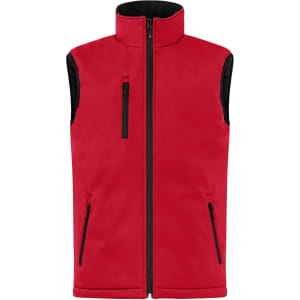 A red softshell vest featuring a high collar and multiple zip pockets. It has a logo on it.