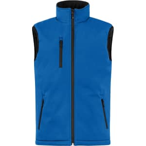 A blue men's soft shell vest with a high collar and black accent sleeves, featuring zippered pockets and a front zip.