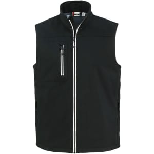 A black Men's Telemark softshell vest with a front zip and multiple pockets, featuring a branding logo.