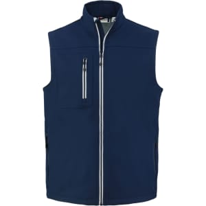 A navy Men’s Telemark Softshell Vest featuring a front zip, side pockets, and a chest pocket with a logo.