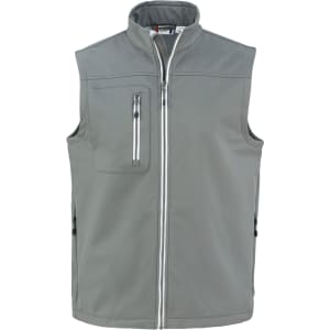 A grey men’s Telemark softshell vest featuring a zip front and a chest pocket, with a logo on the fabric.