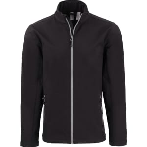 A black soft shell jacket with a zip front, side pockets, and a collar. Features a subtle logo detail.