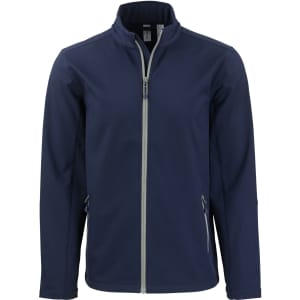 A navy soft shell jacket with a full zip, zippered pockets, and a collared neckline. It features a logo.
