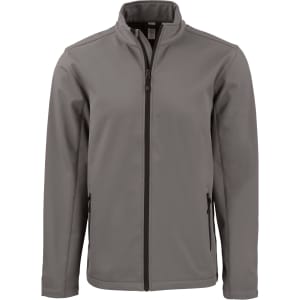 A soft shell jacket in grey with a full front zip and zipped pockets. It features a logo on the chest.