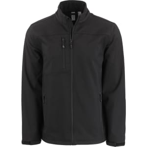 A black men's softshell jacket with a zip front, multiple pockets, and a high collar. Features a logo on the chest.
