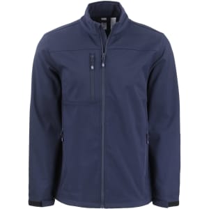 A navy blue men's softshell jacket with zippered pockets and a logo on the chest area.
