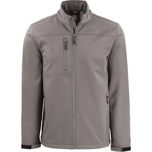 A grey softshell jacket with a full zip, featuring multiple pockets and a logo on the front.