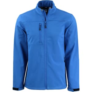 A blue Men's Tempest Eco Softshell Jacket with zippers and a collar, featuring a logo on the chest area.