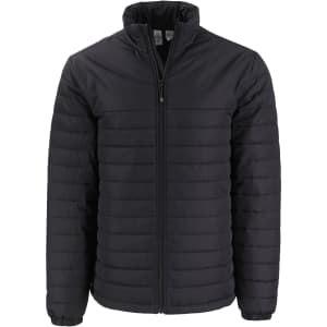 A black men's eco puffer jacket with a zipped front and a high collar, featuring a logo on the chest.