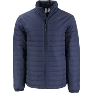 A dark navy puffer jacket with a zip front, featuring a simple design and a collar. It includes a logo.