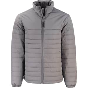 A grey puffer jacket with a full front zip and a high collar, featuring a logo on the chest.