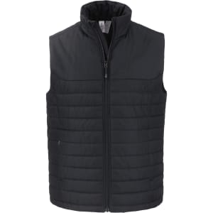A black puffer vest featuring a zip front and a high collar, with a logo on the chest area.